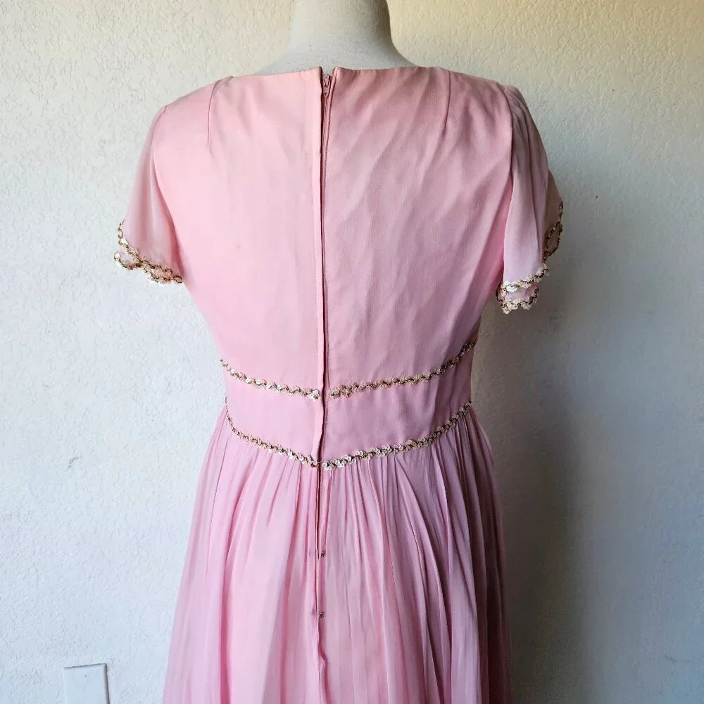 Vintage 60s 70s Light Pink Chiffon Princess Cocktail Evening Dress Gown L Large - Picture 10 of 14